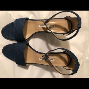 Manolo Blahnik wooden heeled denim sandals